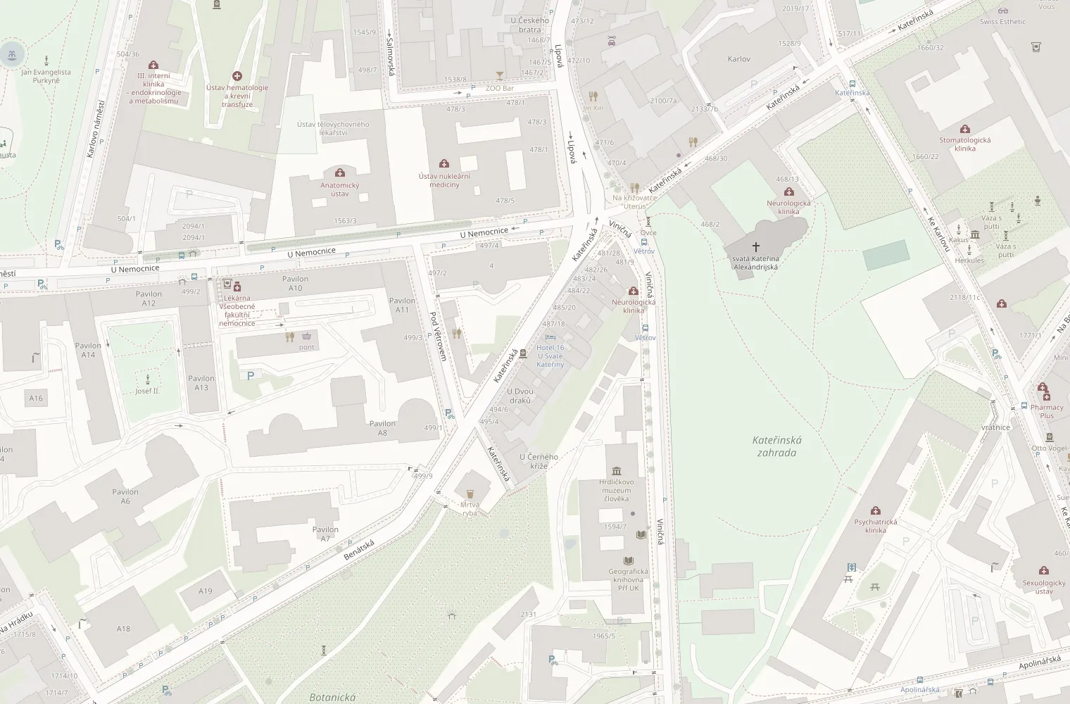 Mapa okolí — Kateřinská 489/14, Praha 2, mezi Botanickou zahradou a Kateřinskou zahradou